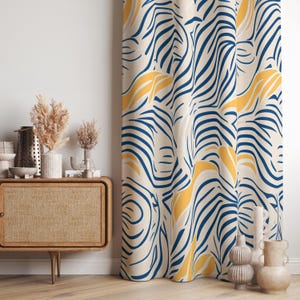 Modern Abstract Zebra Print Curtains, Bold Blue and Yellow Geometric Curtain Panels, Mid-Century Modern Abstract Window Curtains