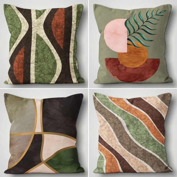 Boho Abstract Pillow Covers, Green Boho Cushion Cover, Modern Accent Pillow Case, Sofa Decorative Cushion, Geometric Housewarming Gift