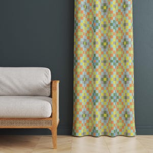 Pastel Checkered Printed Curtain, Retro Geometric Living Room Decor, Aesthetic Pixelated Window Treatment, Modern Woven Style Curtain