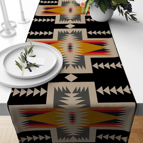 Aztec Table Runner, Tribal Kitchen Runners, Nappe du Sud-Ouest, Décoration Ethnique, Cadeau de pendaison de crémaillère, Plateau de table en terre cuite du sud-ouest