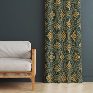 Art Deco Print Curtain, Mid Century Modern Home Decor, Luxury Bedroom Curtain, Emerald Green and Gold Print Drapery