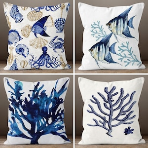 Nautical Beach House Pillow Cover, Coral  Throw Pillow, Colorful Fish Pillowcase, Blue Nautical Cushion, Coastal Decor, Housewarming Gift