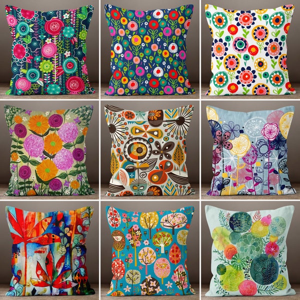 Abstract Colorful Pillow Cover, Bright Vibrant Floral Cushion Cover, Multicolored Throw Pillow, Housewarming Gift, Living Room Decor