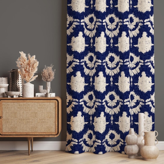 Indigo Tie-Dye Curtains Panel, Navy Blue Ikat Window Drapes, Abstract Pattern Curtains, Contemporary Style Curtain, Modern Minimalist Drapes