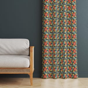 Retro Mid-Century Geometric Print Curtain, Colorful Block Window Treatment, Modern Mosaic Home Decor, Unique Living Room Curtain Panel Print