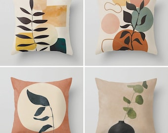 Abstract Pillow Covers, Brown Throw Pillow Case, Square Decorative Modern Pillow Case, Digital Plant Drawing, Housewarming Pillow