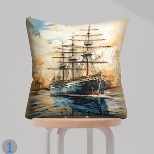 Aquarell Großsegler Print Kissen, Nautische Wohnkultur, Vintage Segelboot Kunst, Küsten Wohnzimmer Akzent Dekokissenbezug