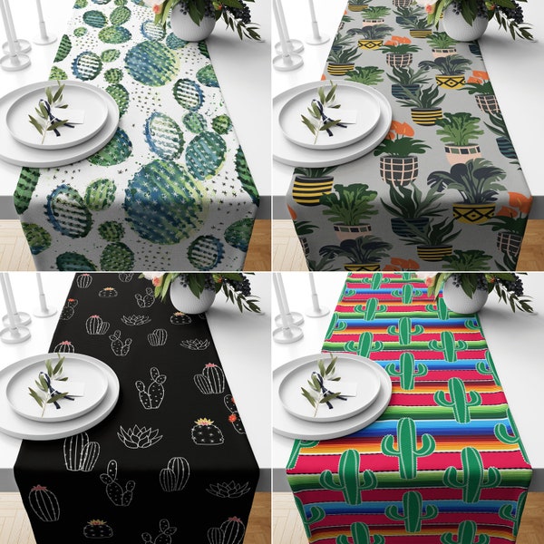 Floral Cactus Table Runner, Cactus Table Runner, White Kitchen Runner, Farmhouse Tables, Green Cactus Decors, Colorful Cactus Tableclothes