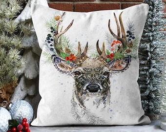 Set of 4 Christmas Pillow Coversmerry Xmas Cushion Casexmas Deer, Xmas Tree  and Snowflake Print Pillow Topplaid Winter Trend Pillow Sham 