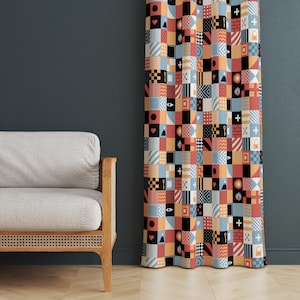 Patchwork Pattern Curtain Panel, Modern Geometric Window Treatment, Abstract Colorful Living Room Decor Drapery, Unique Home Art Drapes