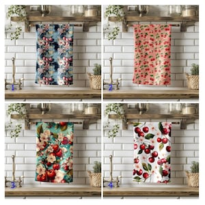 Cherry Blossom Tea Towel, Polka Dot Kitchen Towel, Red Cherry Fruit Dish Towel, Farmhouse Decor, Housewarming Gift, Chef Gift