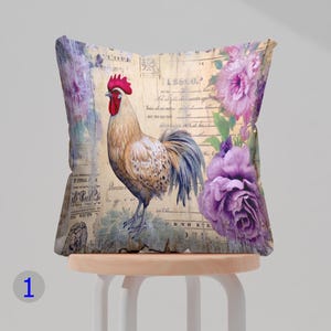 Rooster and Floral Pillow Cover, Vintage Farmhouse Cushion Cover, Purple Flowers Throw Pillow Cover, Rustic Kitchen Decor Pillow Cases