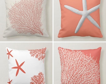 Nautical Beach House Pillow Cover, Orange Starfish Pillowcase, Coral Colorful Cushion, SeaShell Throw Pillow,Coastal Decor,Housewarming Gift