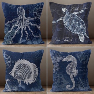 Beach House Pillow Cover, Navy Marine Pillowcase, Decorative Nautical Cushions, Coastal Throw Pillow, Summer Home Decor, Blue Nautical Decor