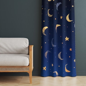 Moon and Stars Curtain, Navy Blue Celestial Drapes, Night Sky Curtain, Crescent Moons Stars Pattern Drapery, Celestial Window Curtain