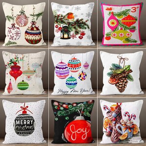 Federa per cuscino con ornamenti natalizi, fodera per cuscino di Natale, cuscini da esterno, decorazioni per capodanno, regalo per lei, tessuto da fattoria, regalo per patio