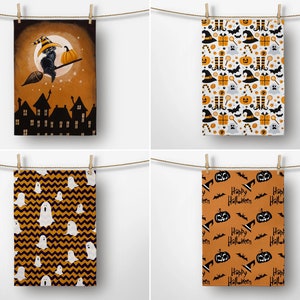 Set of 2, Trick or Treat Trend Towel, Carved Pumpkin Dish Towel, Halloween Kitchen Towel, Orange Pumpkin Dish Towel, Witch Print Towel