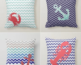 Nautical Beach House Pillow Cover, Starfish Pillowcase, Ship Anchor Colorful Cushion,Beach Throw Pillow, Crab Decor Pillow,Housewarming Gift