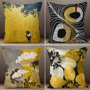 Floral Pillow Cover, Yellow Cushion Case, Bird Decorative Throw Pillow, Bedding Home Decor, Housewarming Farmhouse Style Yellow Gray Pillow