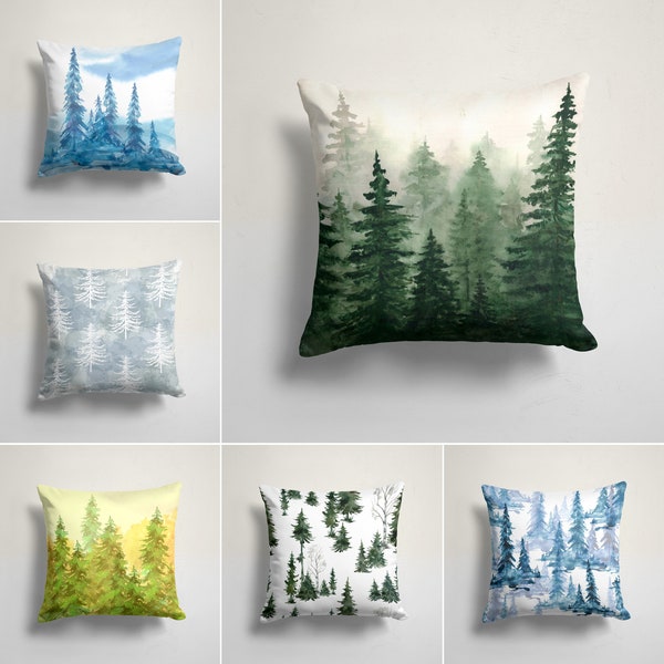 Evergreen Trees Pillow Covers, Snowy Mountain, Winter Cushion Cover, Pine Trees Botanical Print Home Decor, Farmhouse Throw Pillow Covers