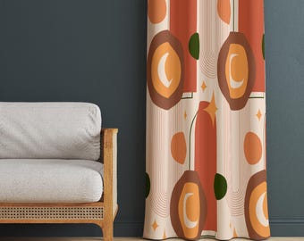 レトロな楕円形のパターンのカーテン、ミッドセンチュリーモダンの