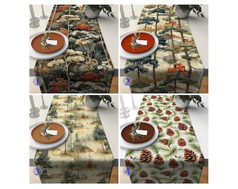 Forest Green Table Runners, Woodland Tablecloth, Nature Inspired Table Decor, Pine Cone Table Clothes, Rustic Table Runner