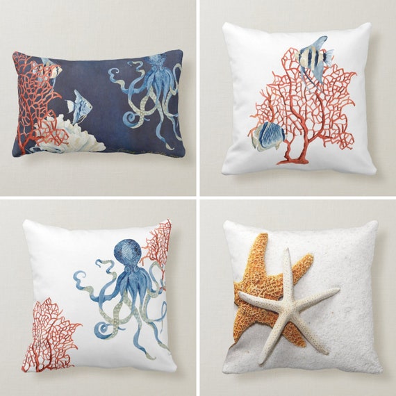Beach House Pillow Case, Coastal Cushion Cover, Navy Marine Pillow Cover, Coral Throw Pillow, Octopus  Pillow Cover, Starfish Pillow Case