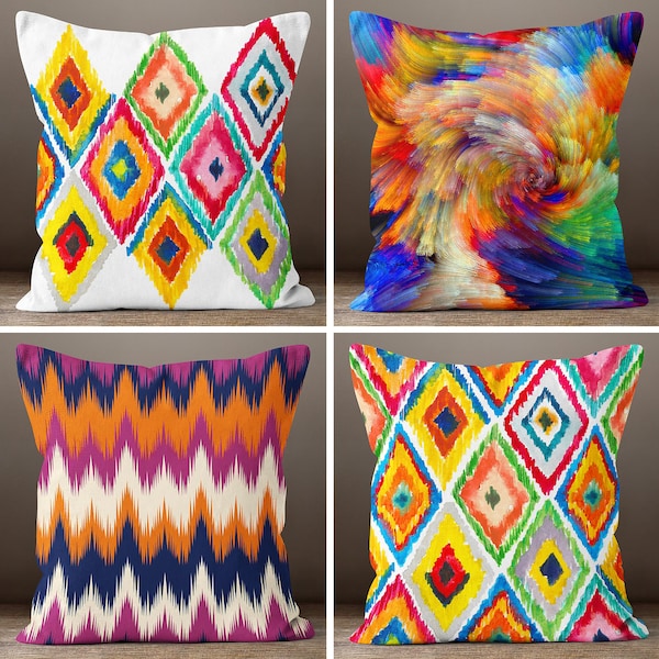 Ikat Design Pillow Covers, Colorful Cushion Case, Decorative Home Decor, Housewarming Gift, Geometric Pillowcase, Farmhouse Pillow Case