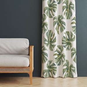 Watercolor Tropical Leaf Curtain, Jungle Drapes, Green Palm & Monstera Window Panel, Lush Botanical Print Drape, Tropical Foliage Drapery