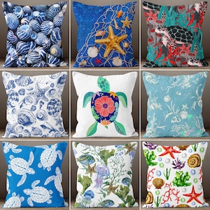 Nautical Pillow Case, Sea Turtle Throw Pillow, Coral Pillow Cover, Nautical Home Decor,Bluish Sea Creatures Pillow Case, Decor Home  Pillows
