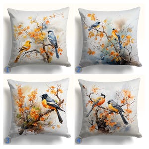 Colorful Bird on Branch Print Pillow Cover Set, Botanical Garden Cushioncases, Floral and Bird Pattern Print, Nature Themed Throw Pillows