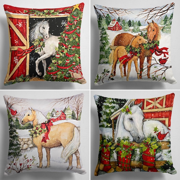 Winter Throw Pillow, Horse Cushion Cover, Christmas Pillowcase, Animal Cushion, Cozy Decoration, New Year's Gift, Xmas Tree Throw Pillow