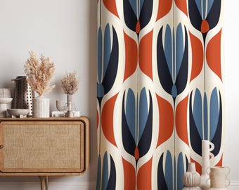 Retro Tulip Curtain Panels, Mid-Century Modern Window Drapes, Orange and Blue Floral Window Curtains, Vintage Inspired Curtains