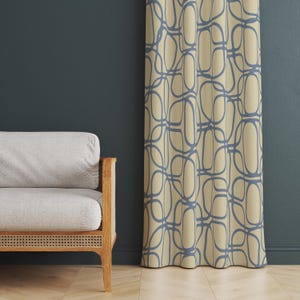Mid-Century Modern Curtain Panel, Abstract Geometric Window Drape, Beige & Blue Living Room Decor Drapery, Custom Made Curtains