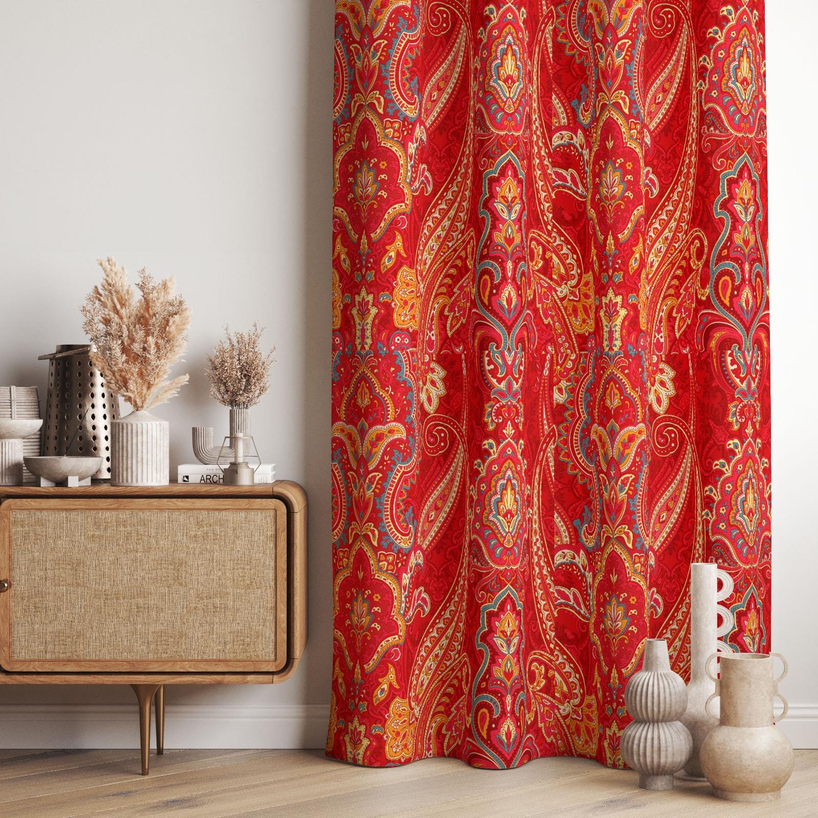 HLC.ME Paisley Pattern Curtains For Living Room & Bedroom - Rod Pocket, Semi Blackout, Set Of 2, 52"W X 96"L, Spice Red