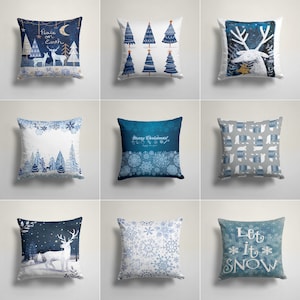 Merry Christmas Pillow, Christmas Pillow Cover, Blue Deer Xmas Decor, Pillow for Sofa Couch Christmas Decorations, Xmas Throw Pillow Case