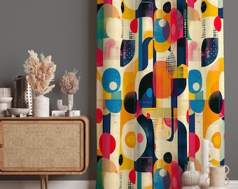 Abstract Geometric Curtain Panels, Mid-Century Modern Patterned Drapes, Pop Art Inspired Curtains, Retro Inspired Curtains, 70s Retro Drapes