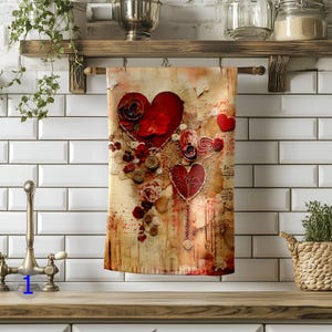 Set of 2, Floral Heart Tea Towel, Grunge Heart Hand Towel, Portrait Dish Towel, Shabby Chic Heart Tea Towel, Valentine's Day Dish Towels
