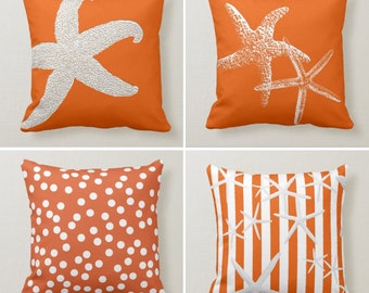 Orange Pillow Cover, Nautical Beach House Pillow Cover, Orange Starfish Pillowcase, SeaShell Throw Pillow,Coastal Decor,Housewarming Gift