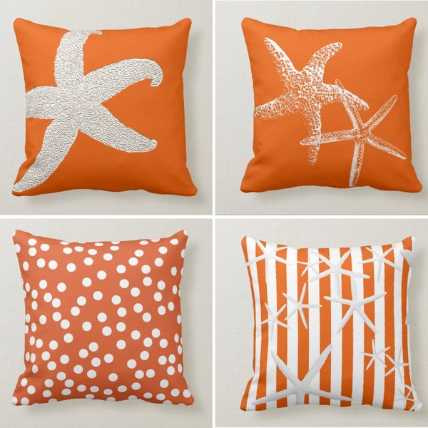 Orange Pillow Cover, Nautical Beach House Pillow Cover, Orange Starfish Pillowcase, SeaShell Throw Pillow,Coastal Decor,Housewarming Gift