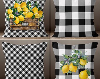 Yellow Lemons with Green Leaves Pillow Cover, Lemon Pillow Case, Kitchen Home Decor, Black White Pillow,Housewarming Design Lemon Pillowcase