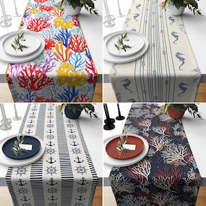 Coral Table Runner, Seahorse Runner, Nautical Tablecloth, Aqua Table Decor, Housewarming Gifts, Dining Room New Home Gift