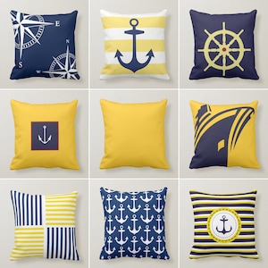 Nautical Pillow Case, Navy Anchor Pillow Cover, Yellow Blau Decorative Yacht Cushions, Coastal Beach House Pillows, Compass Decor Pillows