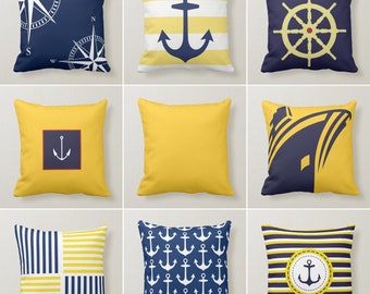 Nautical Pillow Case, Navy Anchor Pillow Cover, Yellow Blau Decorative Yacht Cushions, Coastal Beach House Pillows, Compass Decor Pillows