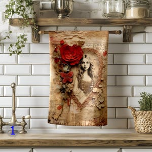 Set of 2, Portrait Dish Towel, Grunge Heart Hand Towel, Floral Heart Tea Towel, Shabby Chic Heart Tea Towel, Valentine's Day Dish Towels