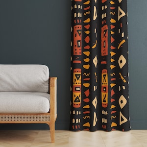 African Tribal Geometric Curtain | Boho Mudcloth Inspired Window Drapes | Modern Decorative Blackout Panel for Living Room Window Curtains