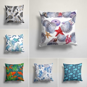 Beach House Pillow Covers, Coral Starfish and Crab Print Home Decor, Coastal Pillow, Nautical Cushion Case, Octopus and Fish Throw Pillow
