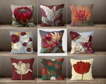 Red & Burgundy Floral Pillow Cover, Floral Outdoor Cushion Case, Decorative Throw Pillow Case, Housewarming Farmhouse Style Pillow Case