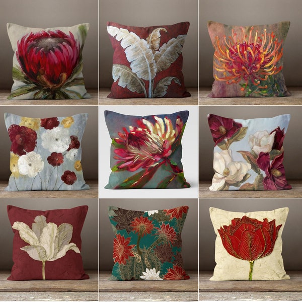 Red & Burgundy Floral Pillow Cover, Floral Outdoor Cushion Case, Decorative Throw Pillow Case, Housewarming Farmhouse Style Pillow Case