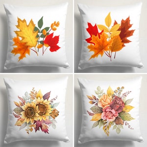 Fall Maple leaves Pillow Cover, Fall Trend Pillow Cover, Autumn Cushion Case, Orange Leaves Throw Pillow, Sunflower & Rose Patterned Pillow